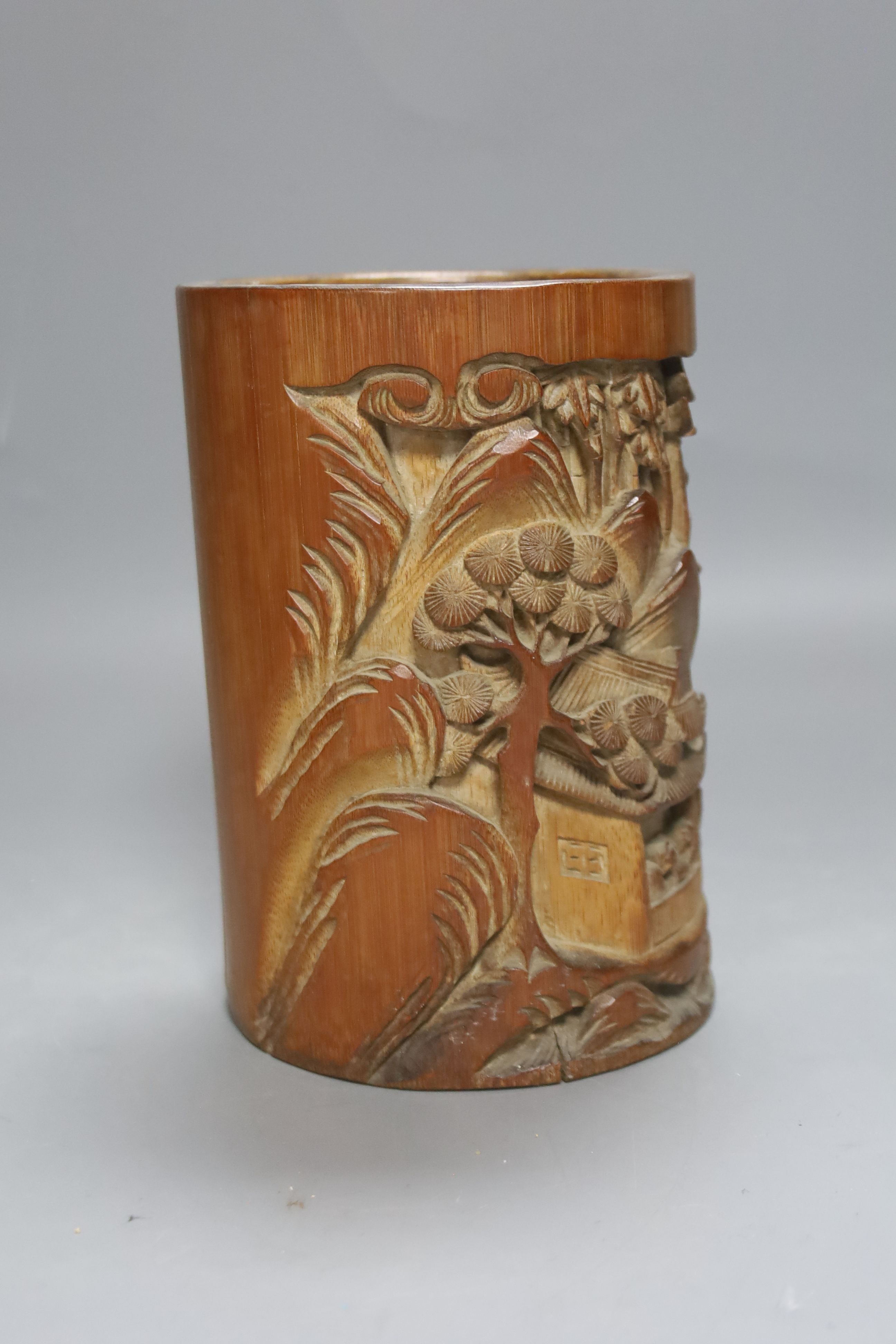 Assortment of Chinese items, bamboo brush pot, coins and photos etc.